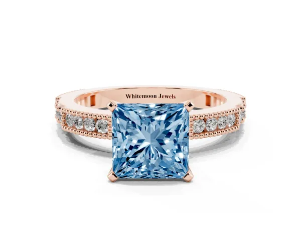 Fancy Blue Princess Cut Solitaire with Pavé Band and Four-Prong Setting Rose gold