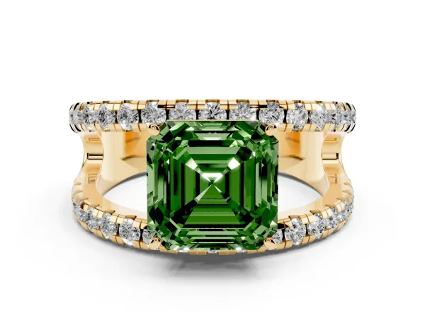 Fancy Green Asscher Cut Solitaire Split Shank Pave Diamond Ring Yellow gold