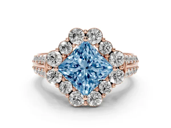 Fancy Blue Princess Cut Halo Diamond Engagement Ring with Split Shank and Prong Setting Rose gold