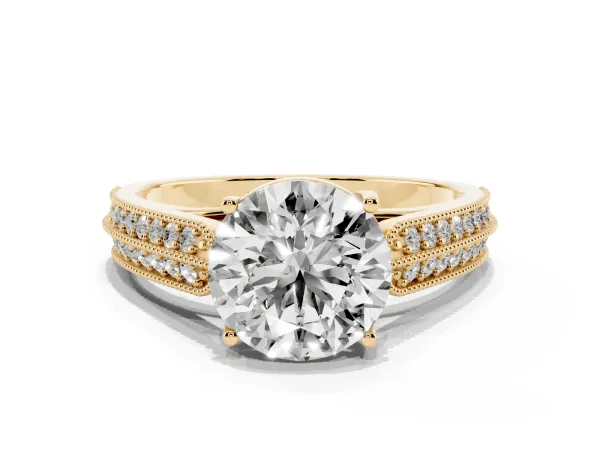 Round Cut Cut Pave Split Shank Engagement Ring with Four-Prong Setting Yellow gold