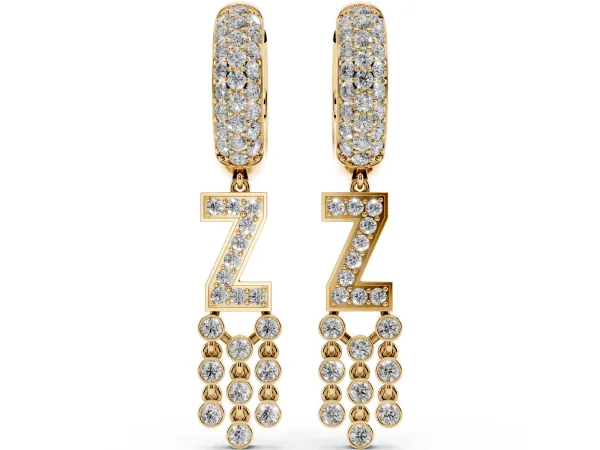 Round Diamond Initial Z Huggie Hoop Earrings Yellow gold