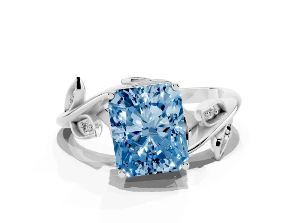 Fancy Blue Radiant Cut Solitaire Twist Engagement Ring with Leaf Accents and Prong Setting White gold