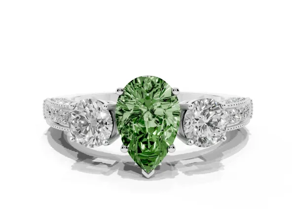 Fancy Green Pear Cut Three-Stone Diamond Ring with Pavé Band and Four-Prong Setting Platinum
