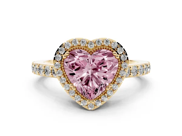Fancy Pink Heart Cut Cut Diamond Halo Engagement Ring with Milgrain Detail and Pavé Band Yellow gold