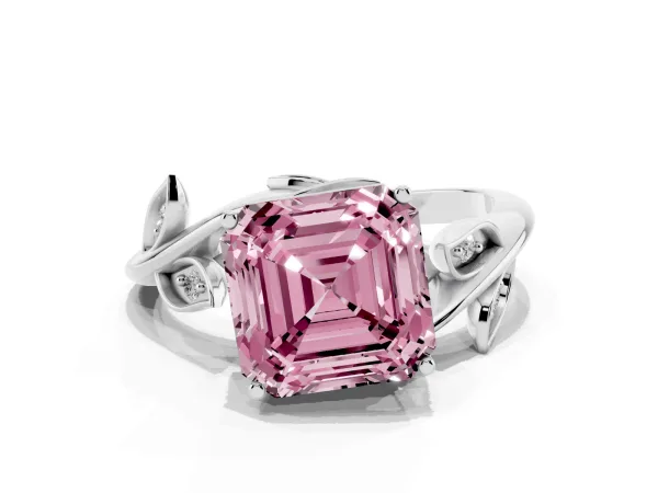 Fancy Pink Asscher Cut Solitaire Twist Engagement Ring with Leaf Accents and Prong Setting White gold