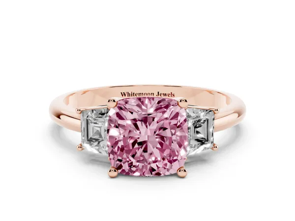 Fancy Pink Cushion Cut Diamond Three-Stone Ring with Trapezoid Side Stones and Prong Setting Rose gold