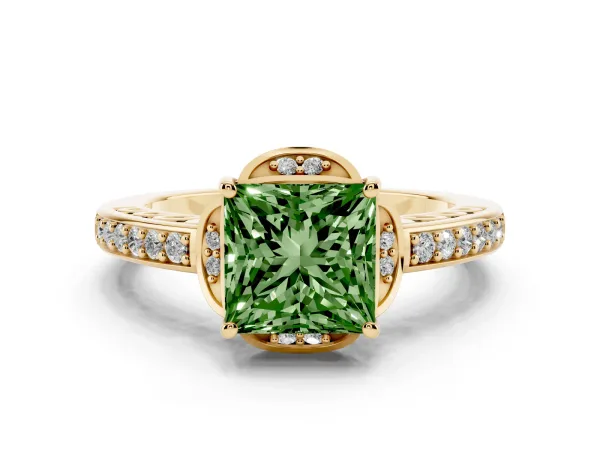 Fancy Green Princess Cut Cut Halo Diamond Ring with Channel Set Band and Four-Prong Setting Yellow gold