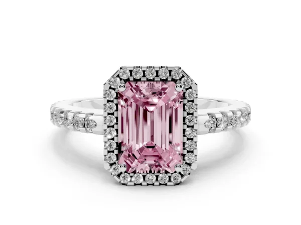 Fancy Pink Emerald Cut Diamond Halo Engagement Ring with Pavé Band and Prong Setting White gold