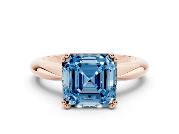 Fancy Blue Asscher Cut Cut Solitaire Engagement Ring with Tapered Band and Four-Prong Setting Rose gold