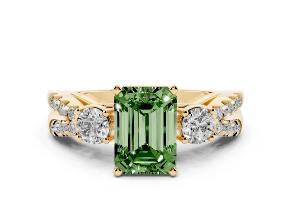 Fancy Green Emerald Cut Diamond Three-Stone Ring with Pavé Split Shank and Four-Prong Setting Yellow gold