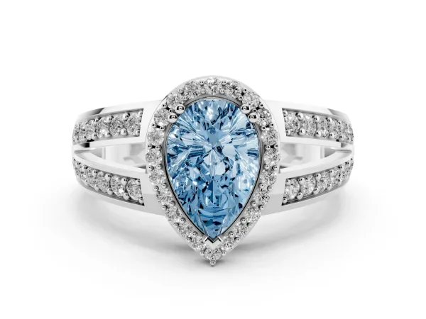 Fancy Blue Pear Cut Diamond Halo Ring with Split Shank Pavé Band and Four-Prong Setting Platinum