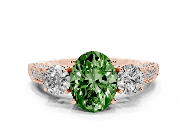 Fancy Green Oval Cut Three-Stone Diamond Ring with Pavé Band and Four-Prong Setting Rose gold
