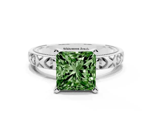 Fancy Green Princess Cut Solitaire Diamond Engagement Ring with XO Engraved Band and Four-Prong Setting White gold