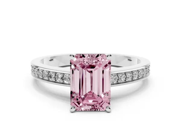 Fancy Pink Emerald Cut Solitaire Pavé Band Prong Setting Ring White gold
