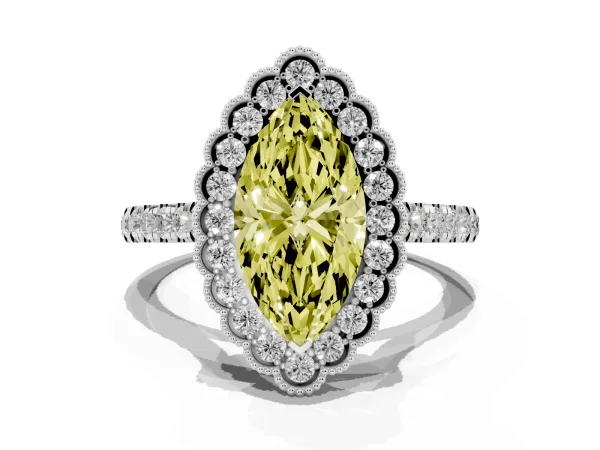 Fancy Yellow Marquise Cut Cut Diamond Milgrain Floral Halo Engagement Ring with Pavé Band Platinum