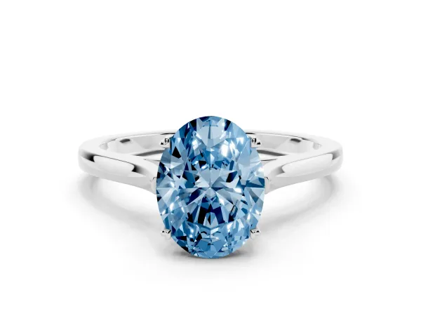 Fancy Blue Oval Cut Solitaire Heart Prong Engagement Ring with Tapered Band White gold