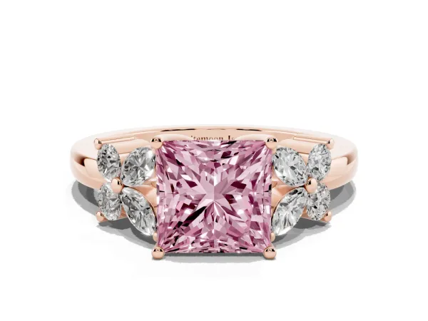 Fancy Pink Princess Cut Diamond Floral Cluster Ring with Solitaire Band and Prong Setting Rose gold