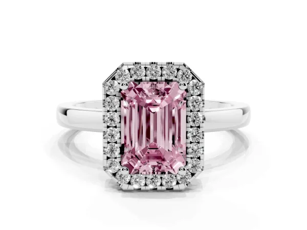 Fancy Pink Emerald Cut Halo Diamond Solitaire with Pavé Band and Four-Prong Setting Platinum
