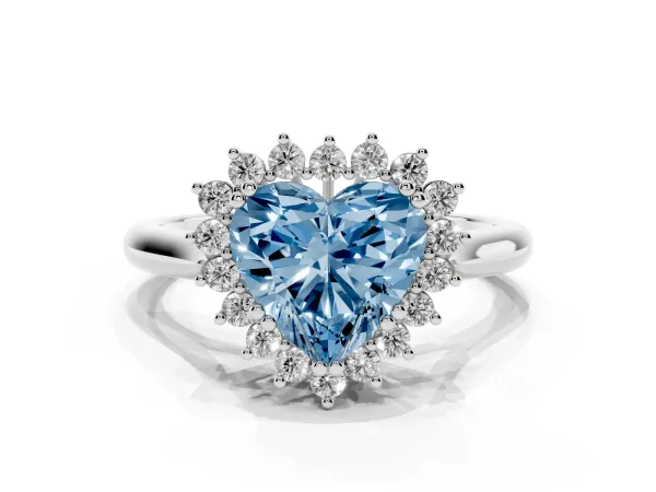 Fancy Blue Heart Cut Cut Diamond Halo Ring with Solitaire Band and Prong Setting White gold