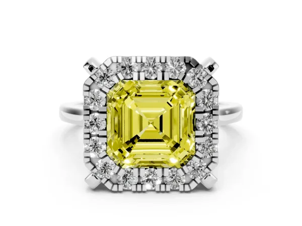 Fancy Yellow Asscher Cut Diamond Cluster Halo Solitaire with Four-Prong Setting White gold
