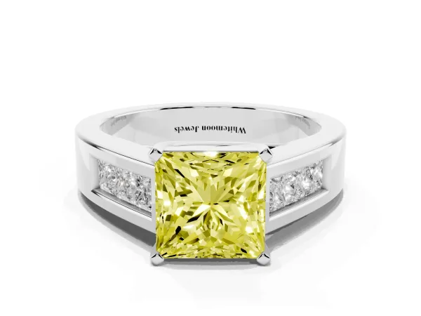 Fancy Yellow Princess Cut Cut Channel Set Solitaire Ring with Four-Prong Setting Platinum