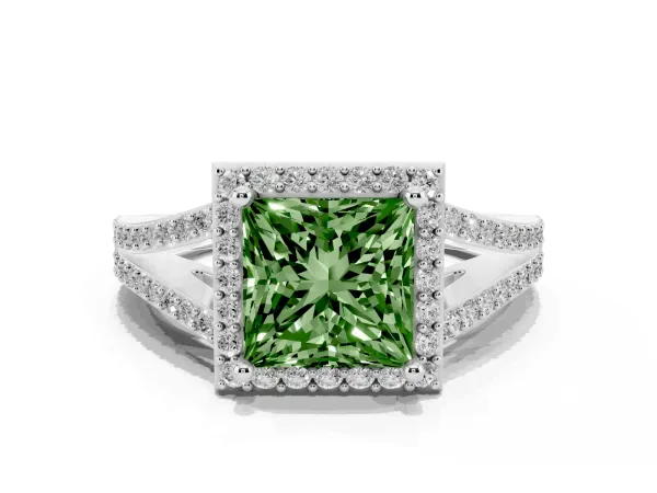 Fancy Green Princess Cut Halo Split Shank Pave Diamond Ring with Four-Prong Setting Platinum