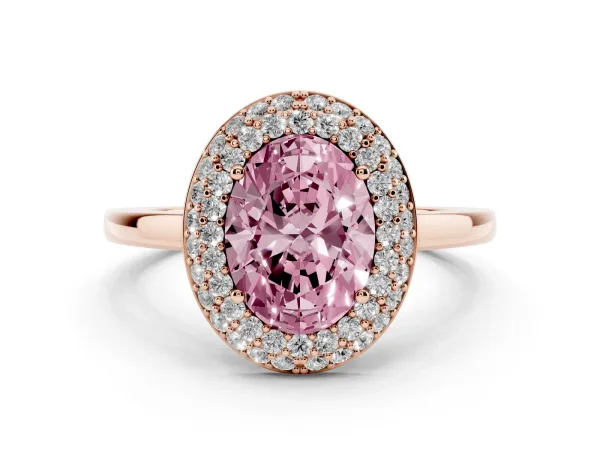 Fancy Pink Oval Cut Halo Diamond Engagement Ring with Solitaire Band and Four-Prong Setting Rose gold