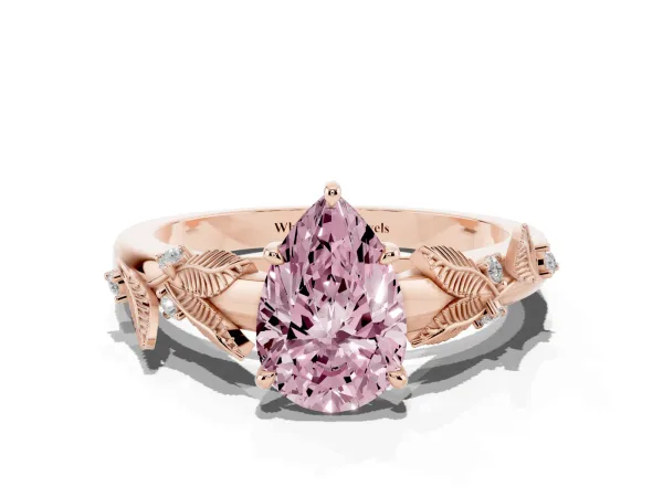 Fancy Pink Pear Cut Diamond Solitaire Ring with Leaf Motif Band and Four-Prong Setting Rose gold