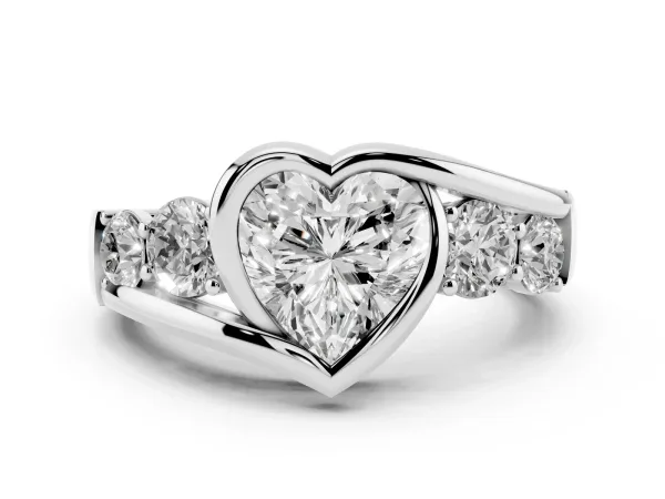 Bezel Set Heart Cut Diamond Bypass Ring with Round Accents Platinum
