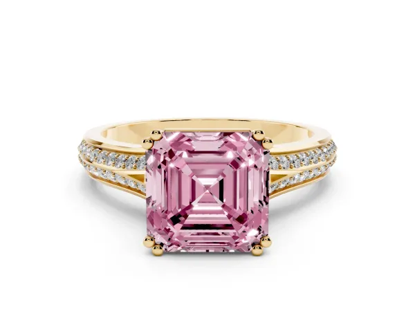 Fancy Pink Asscher Cut Diamond Split Shank Engagement Ring with Pavé Band Yellow gold