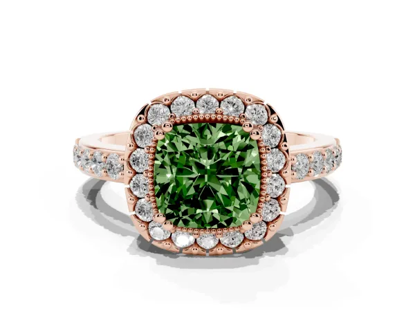 Fancy Green Cushion Cut Diamond Halo Ring with Pavé Band and Prong Setting Rose gold