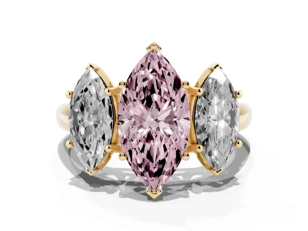 Fancy Pink Three-Stone Marquise Cut Diamond Engagement Ring with Prong Setting Yellow gold