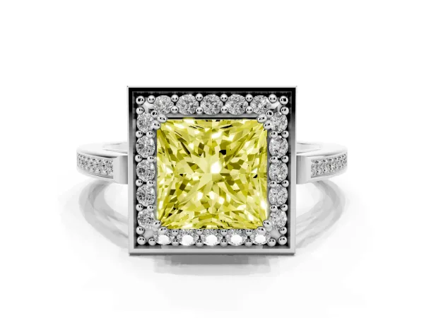 Fancy Yellow Princess Cut Diamond Halo Ring with Split Shank and Four-Prong Setting White gold
