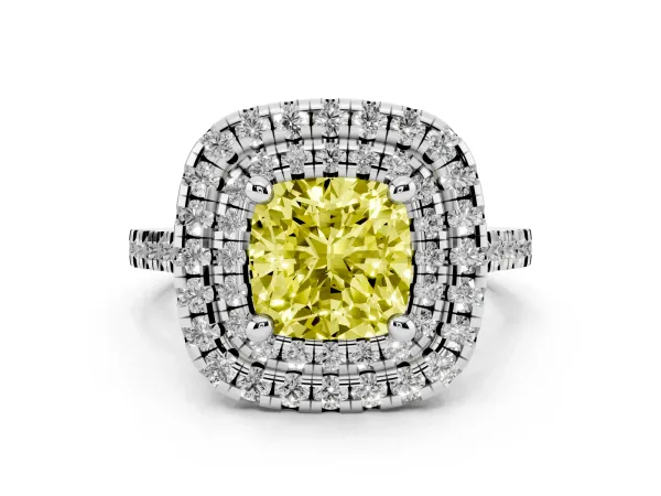Fancy Yellow Double Halo Cushion Cut Diamond Pavé Band with Four-Prong Setting White gold