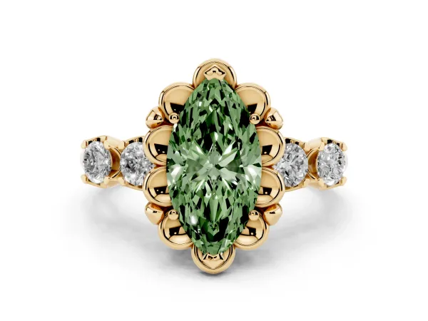 Fancy Green Marquise Cut Cut Diamond Floral Halo Engagement Ring with Shared Prong Setting Yellow gold