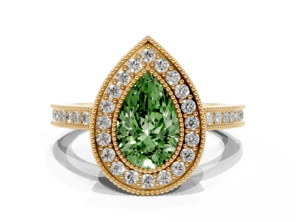 Fancy Green Pear Cut Cut Halo Diamond Ring with Pavé Band and Milgrain Prong Setting Yellow gold