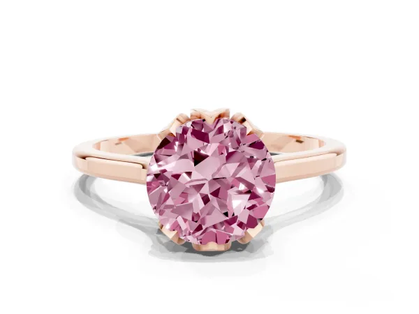 Fancy Pink Round Cut Diamond Solitaire Ring with Flower Prong Setting and Classic Band Rose gold
