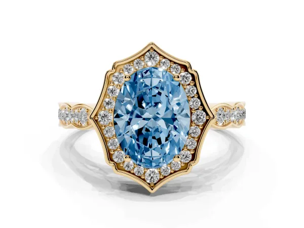 Fancy Blue Oval Cut Halo Diamond Engagement Ring with Milgrain Band and Four-Prong Setting Yellow gold