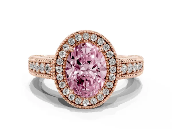 Fancy Pink Oval Cut Cut Halo Diamond Ring with Pavé Band and Four-Prong Setting Rose gold