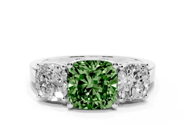 Fancy Green Three-Stone Cushion Cut Cut Diamond Engagement Ring with Flat Band and Four-Prong Setting Platinum