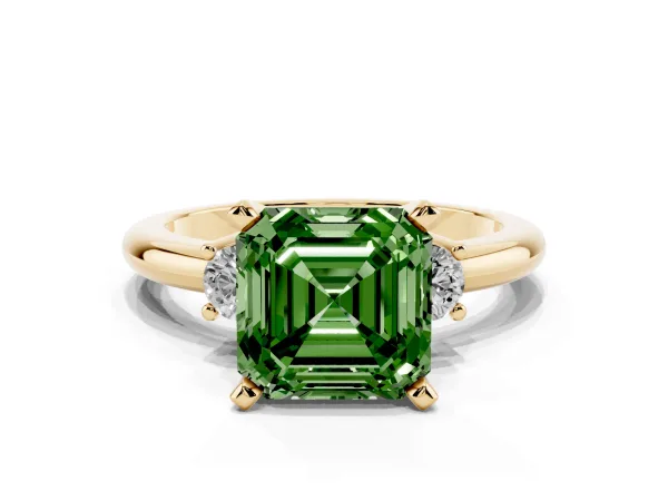 Fancy Green Three-Stone Asscher Cut Cut Diamond Solitaire with Prong Setting and Classic Band Yellow gold