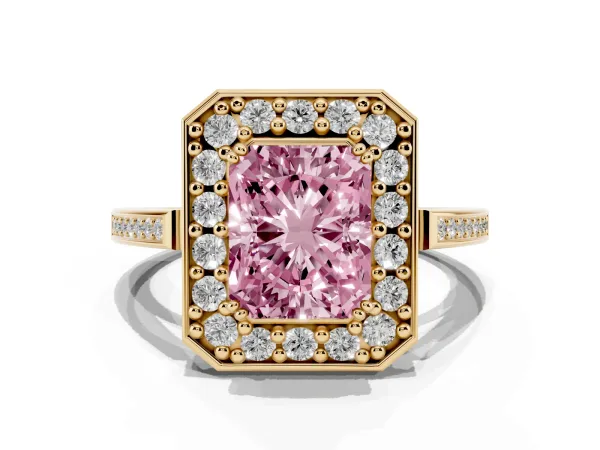 Fancy Pink Radiant Cut Diamond Halo Ring with Split Shank and Four-Prong Setting Yellow gold