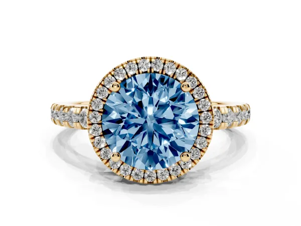 Fancy Blue Round Cut Diamond Halo Ring with Pavé Band and Four-Prong Setting Yellow gold