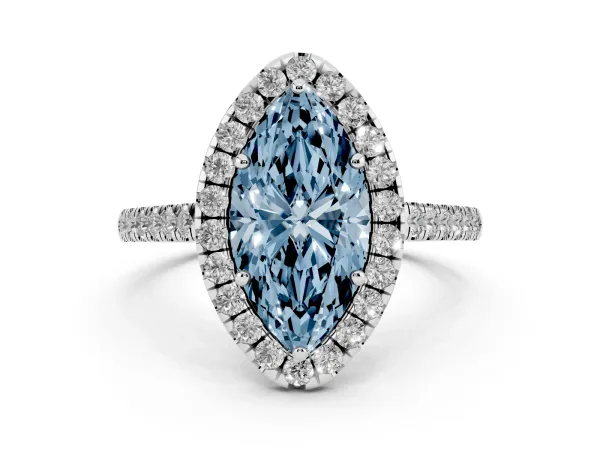Fancy Blue Marquise Cut Halo Pave Diamond Engagement Ring with Four-Prong Setting Platinum