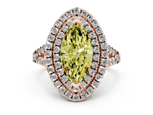Fancy Yellow Double Halo Marquise Cut Diamond Pavé Split Shank Ring with Prong Setting Rose gold