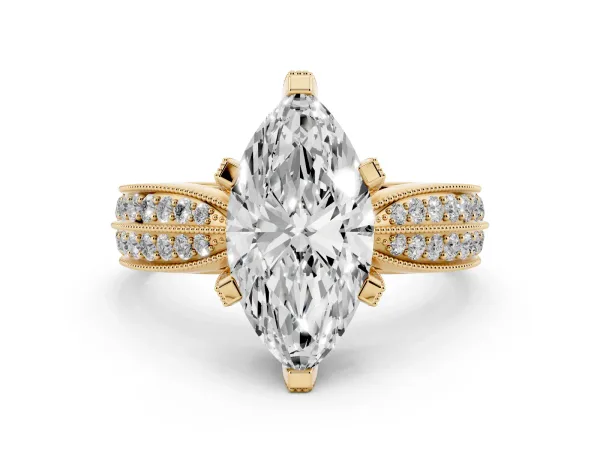 Marquise Cut Diamond Solitaire Ring with Milgrain Round Pavé Band and Prong Setting Yellow gold