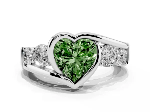Fancy Green Bezel Set Heart Cut Diamond Bypass Ring with Round Accents Platinum