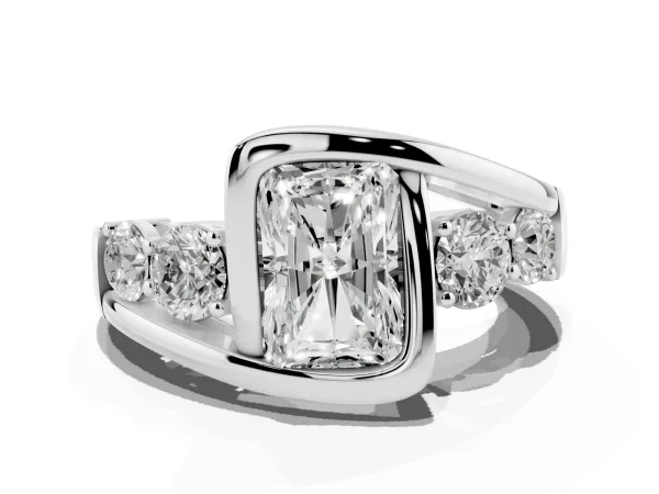 Bezel Set Radiant Cut Diamond Bypass Ring with Round Accents White gold