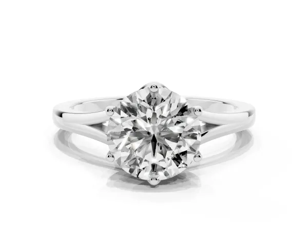 Round Cut Solitaire Diamond Ring with Six-Prong Setting and Tapered Band White gold