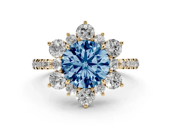 Fancy Blue Round Cut Diamond Floral Halo Ring with Round Pavé Band and Prong Setting Yellow gold